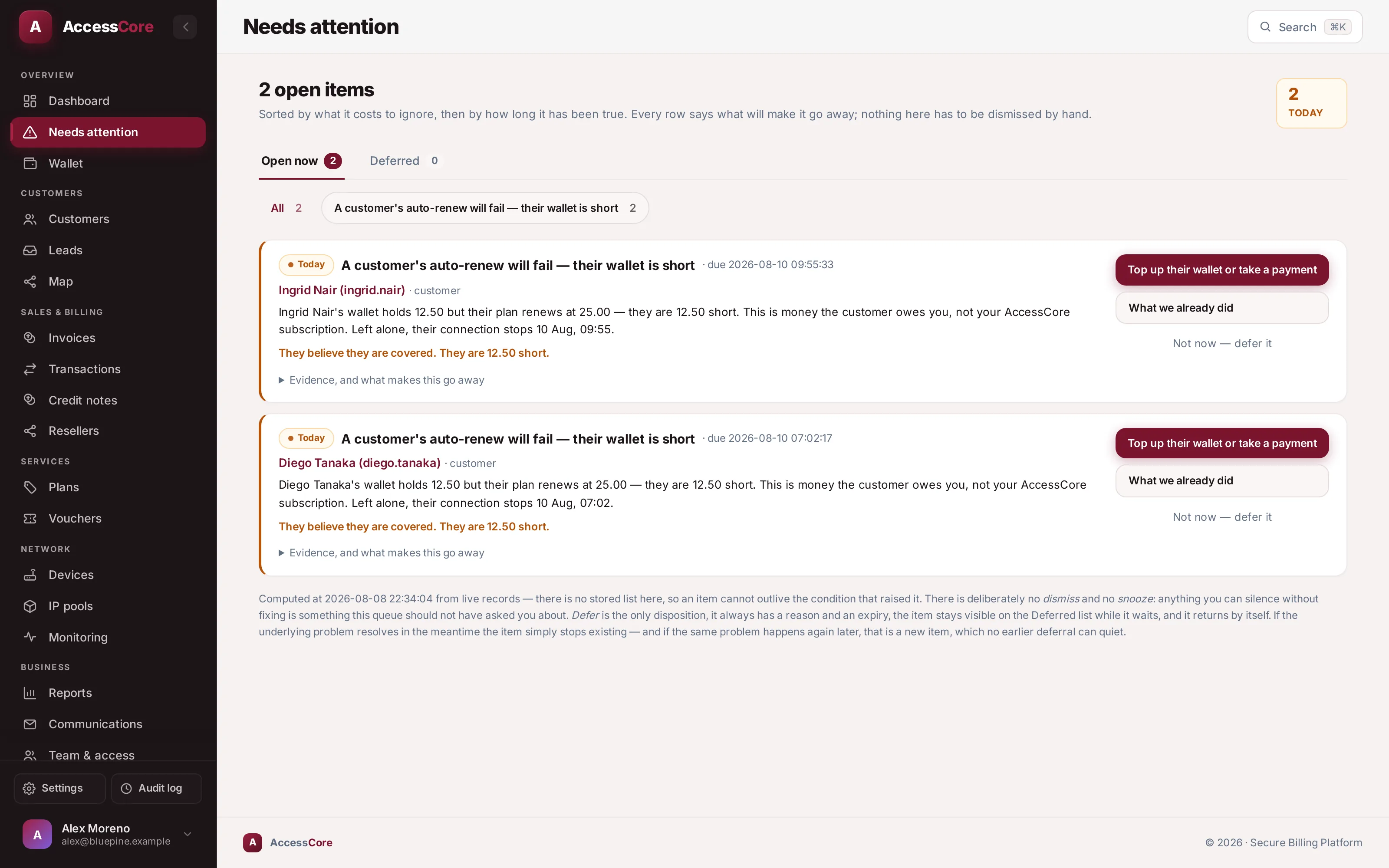 The needs-attention queue — items sorted by cost of ignoring, each with the action that resolves it