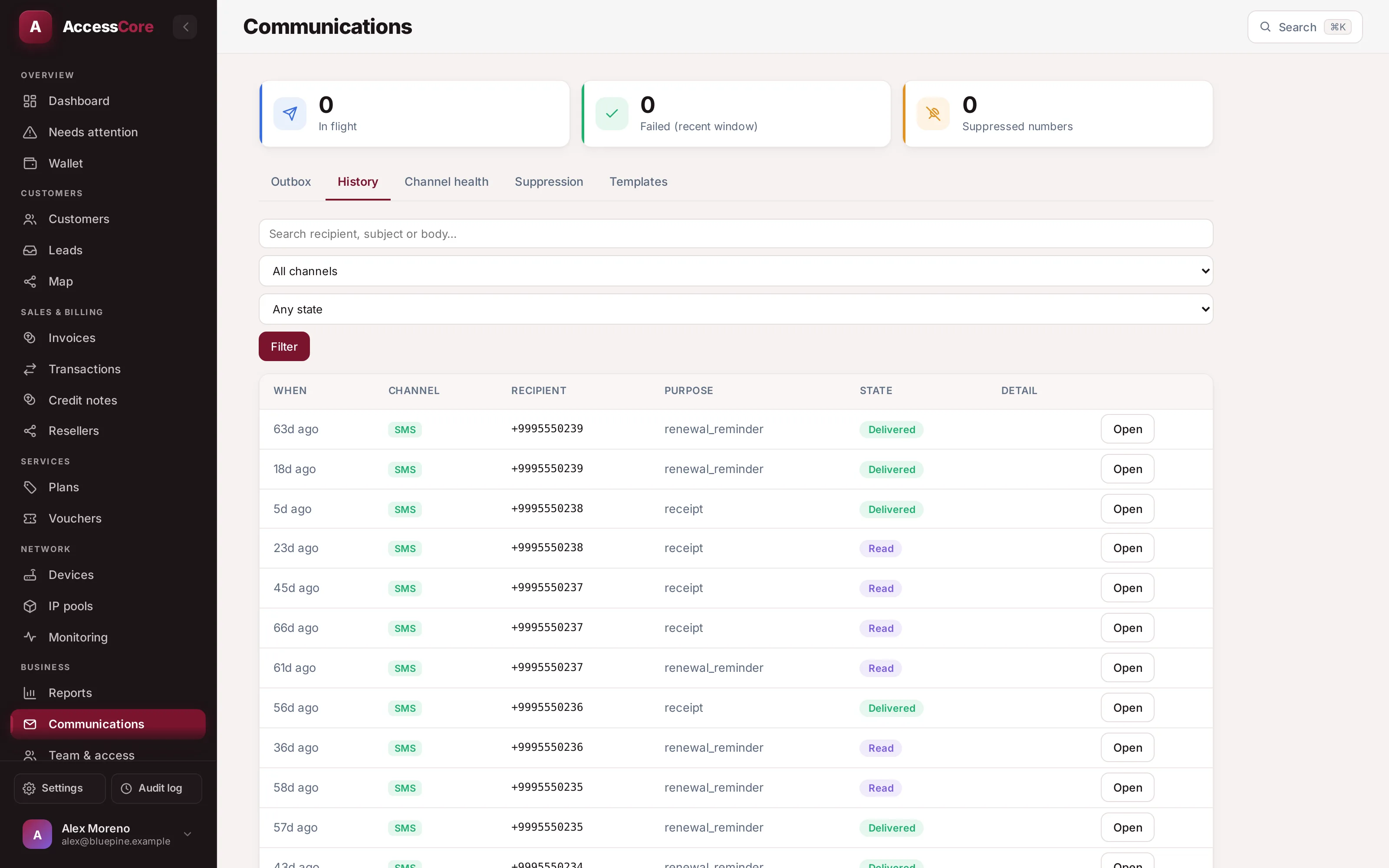 The Communications Center — channel health and the single ledger of every message sent