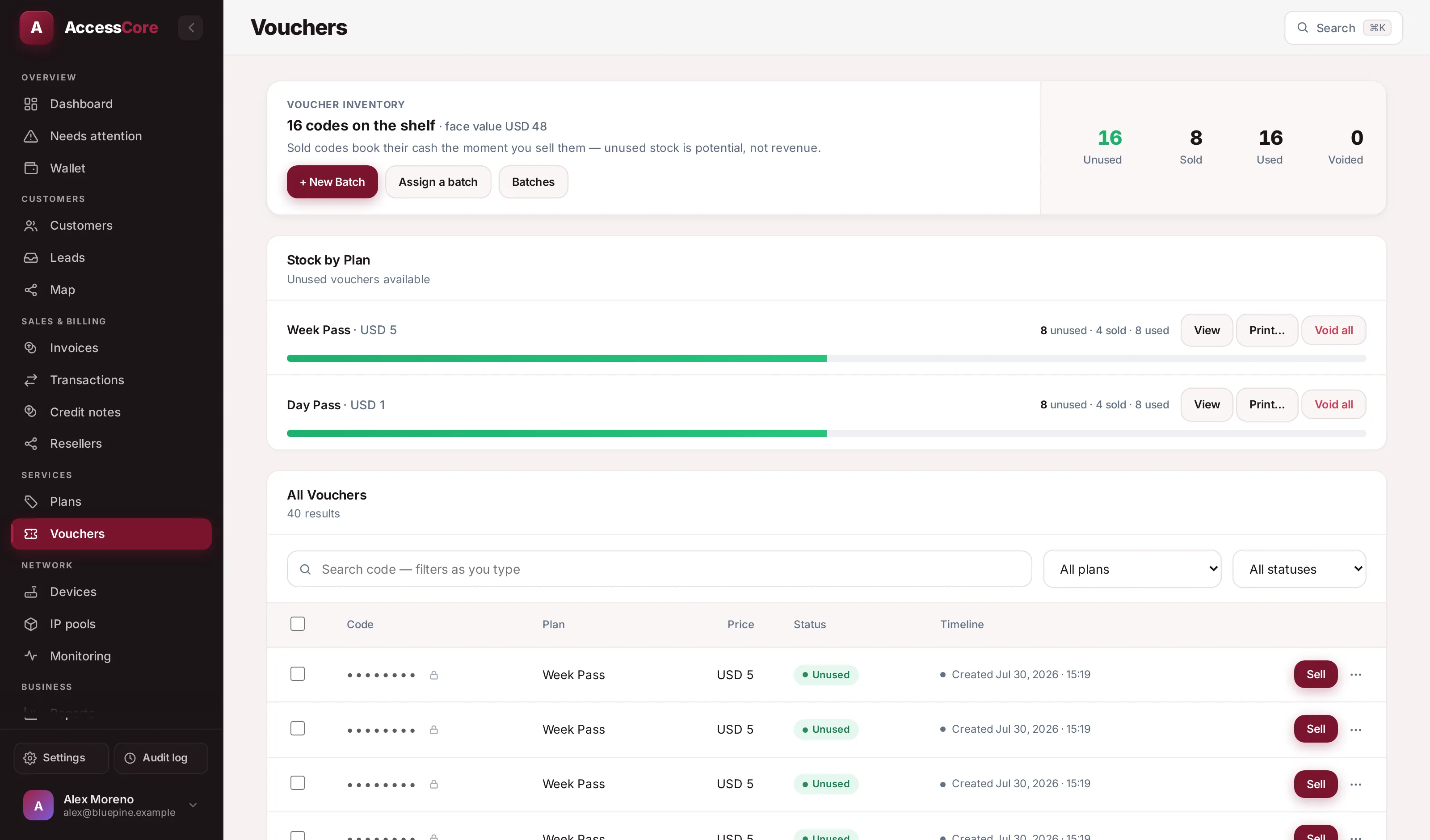 Voucher stock and batches in the AccessCore console