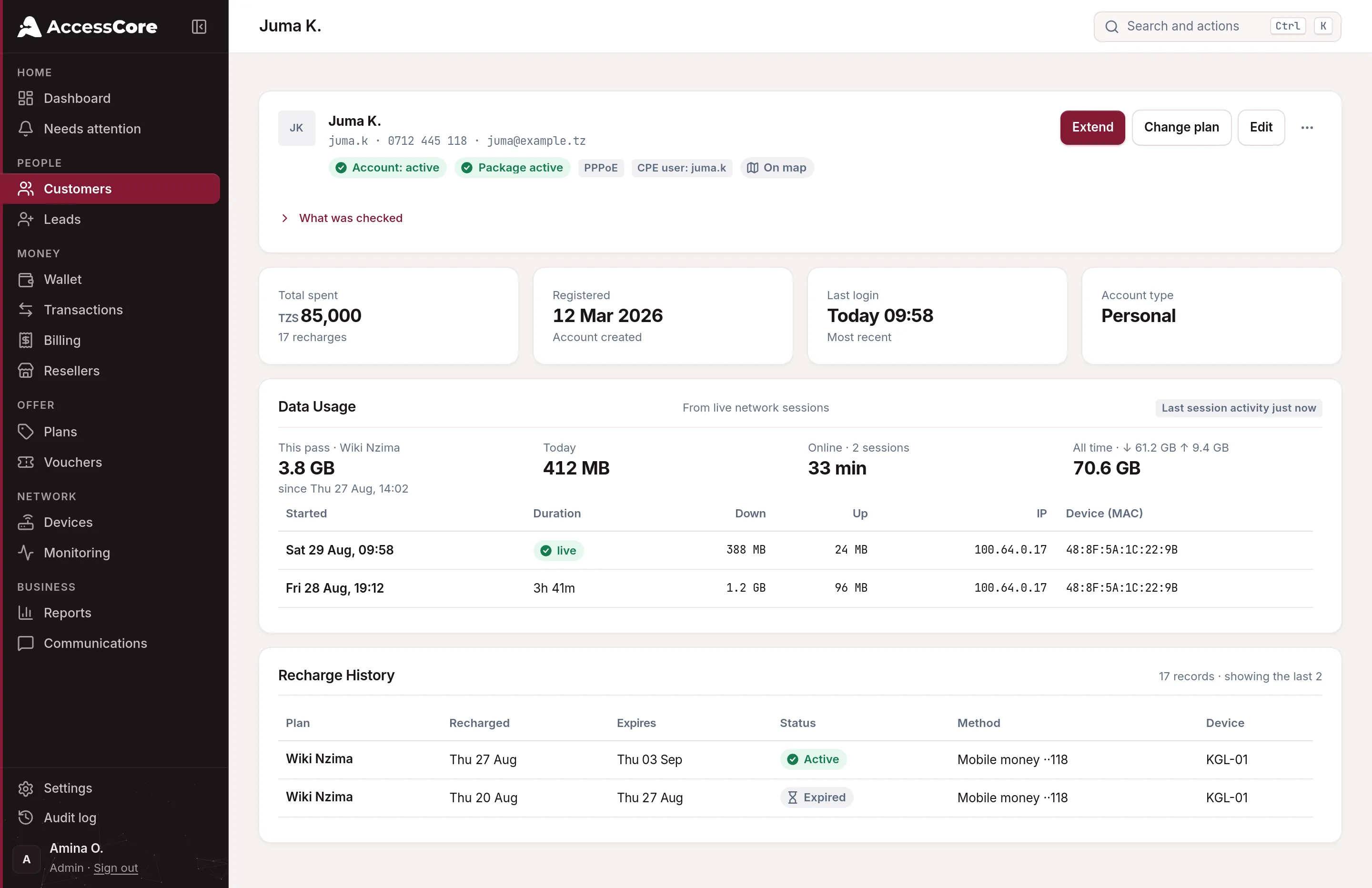 A customer page with live status chips and actions