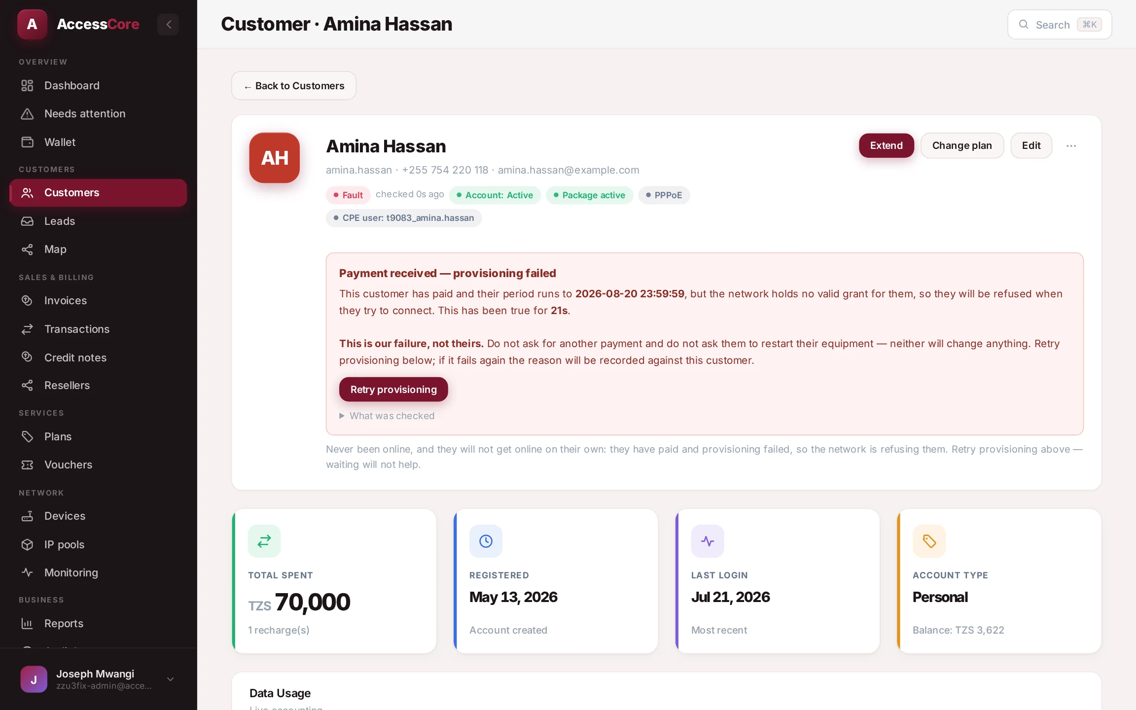 A customer page with live status chips and actions
