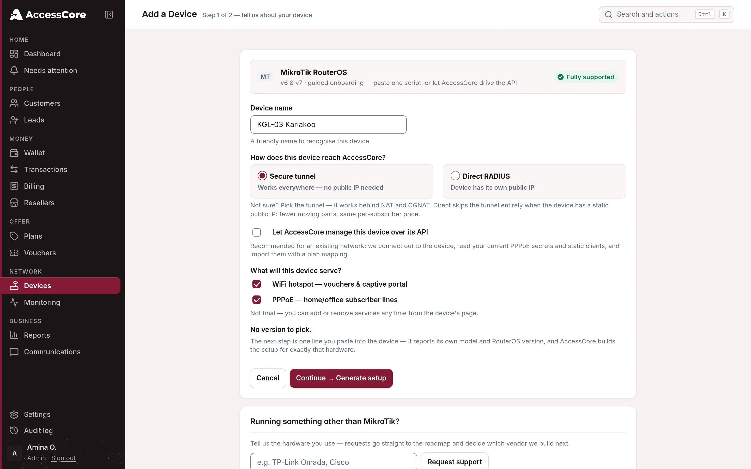 Add a Device — step 1 of 2: MikroTik RouterOS, name, connection and services