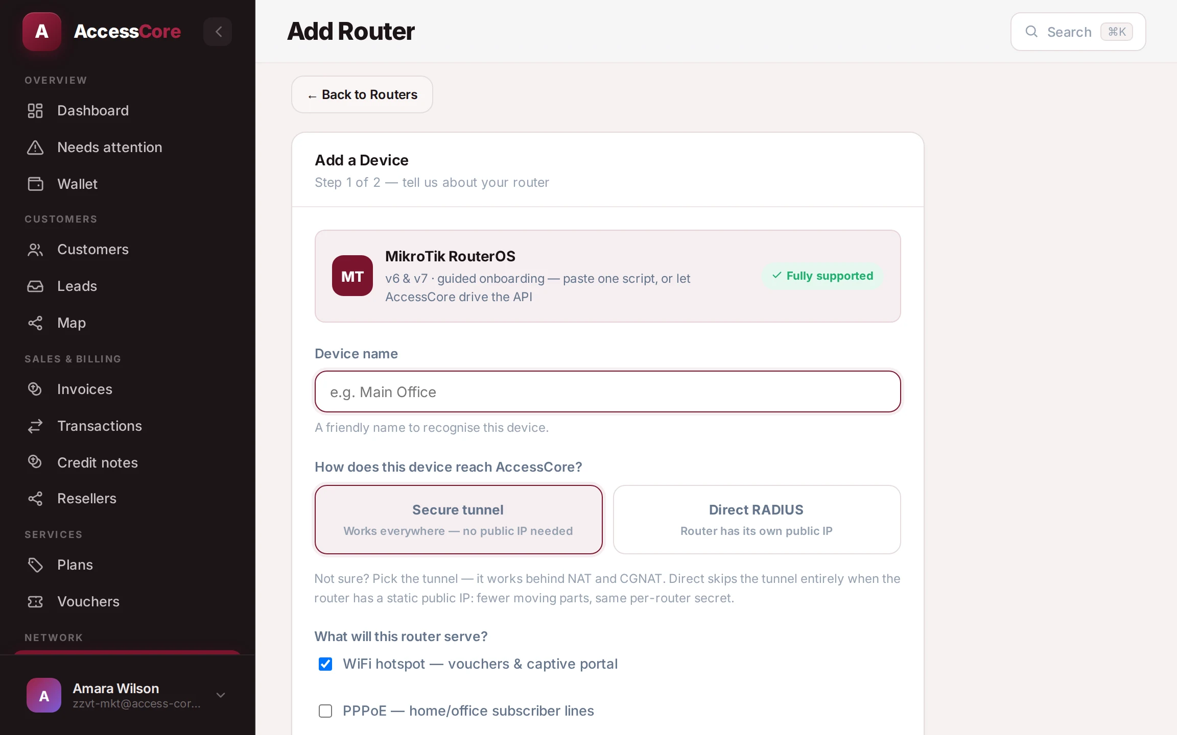 Add a Device — step 1 of 2: MikroTik RouterOS, name, connection and services