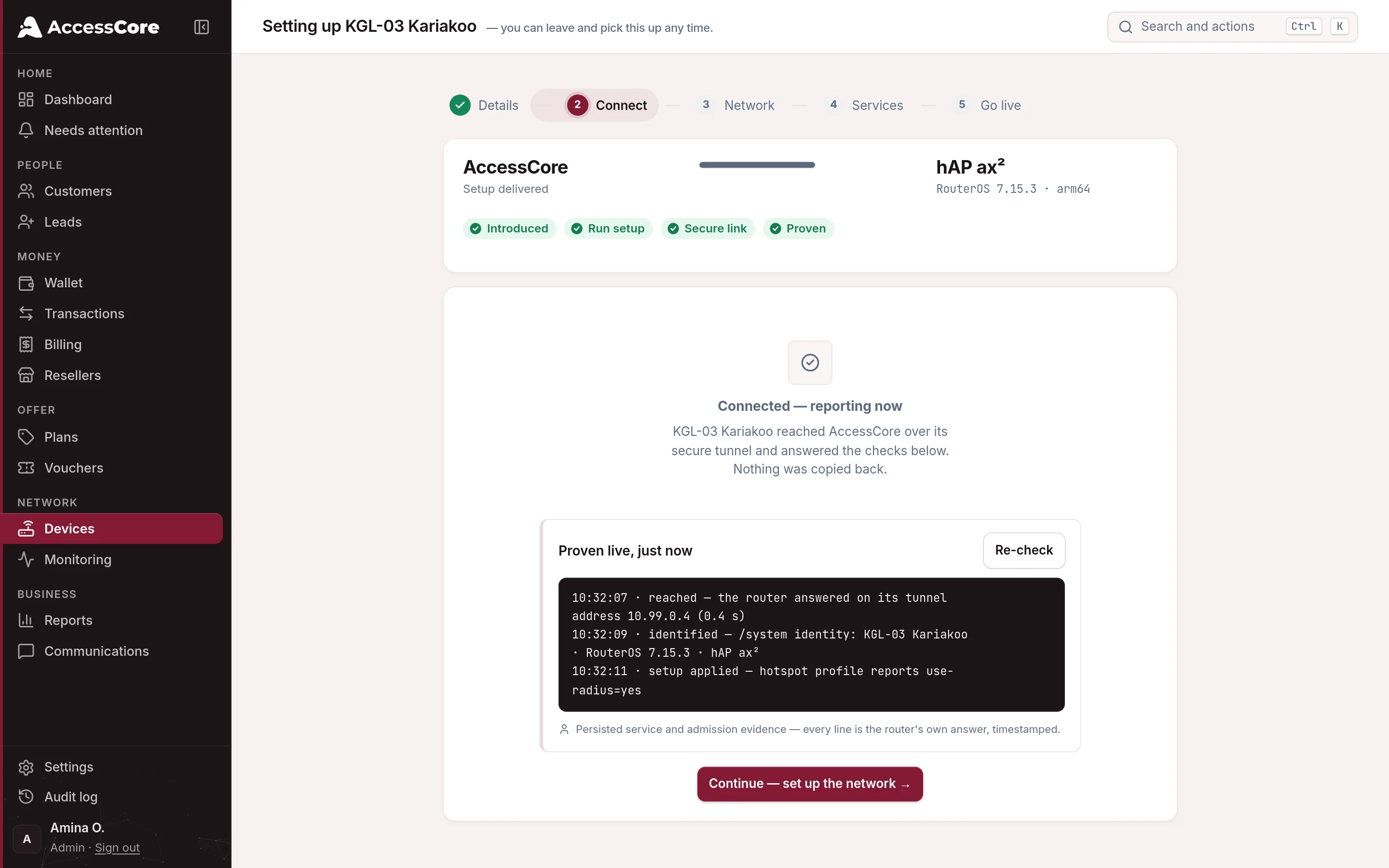 The connect step showing Connected — reporting now, with the proof list KGL-03 Kariakoo answered