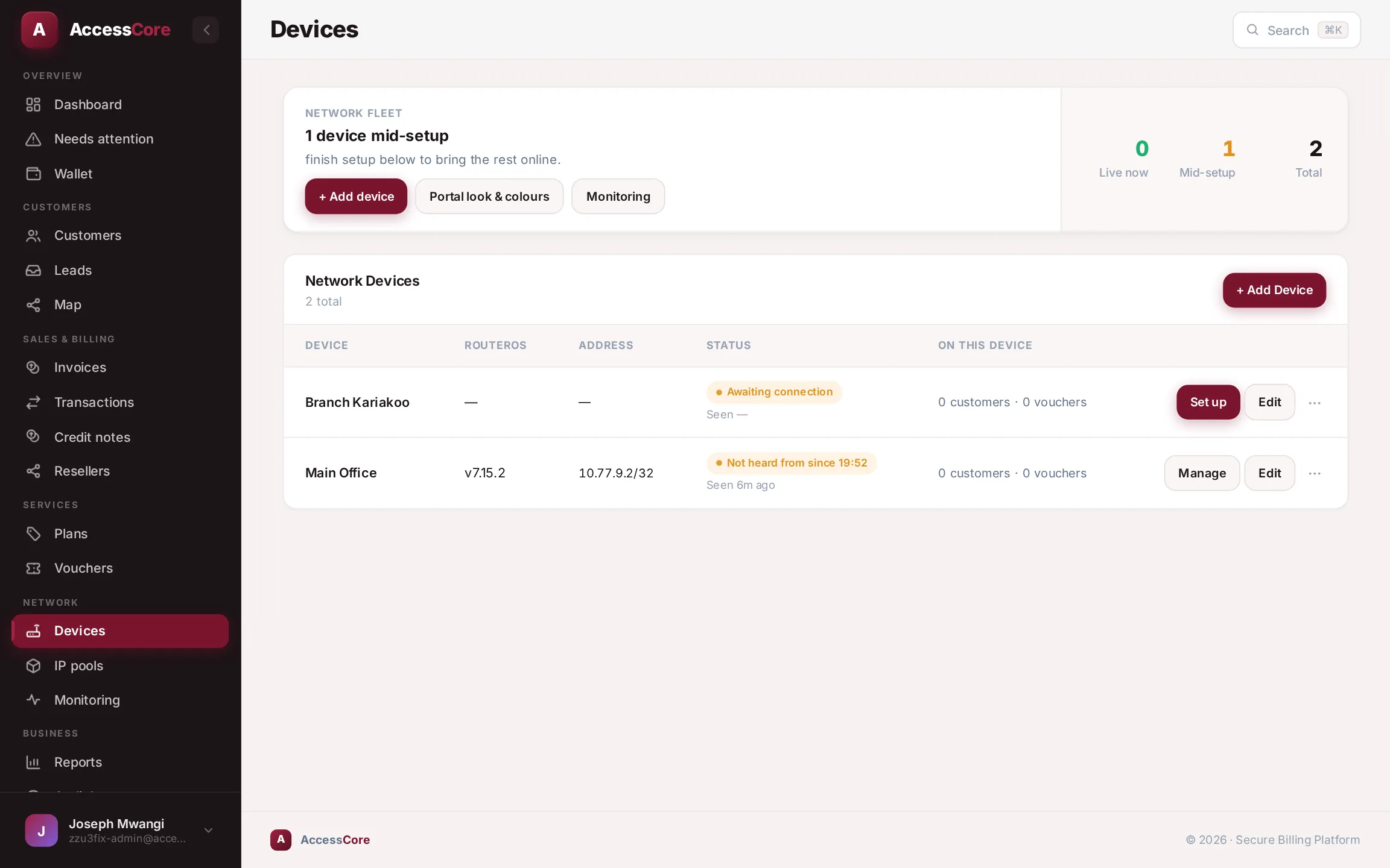 The Devices list showing your device Online
