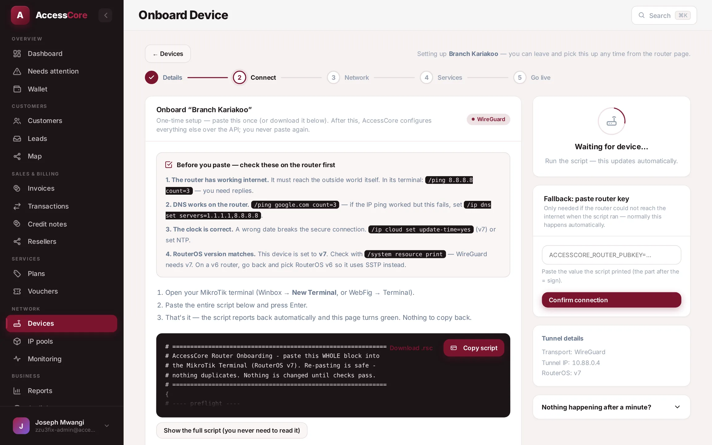 The one-time setup script with pre-checks and the Copy script button
