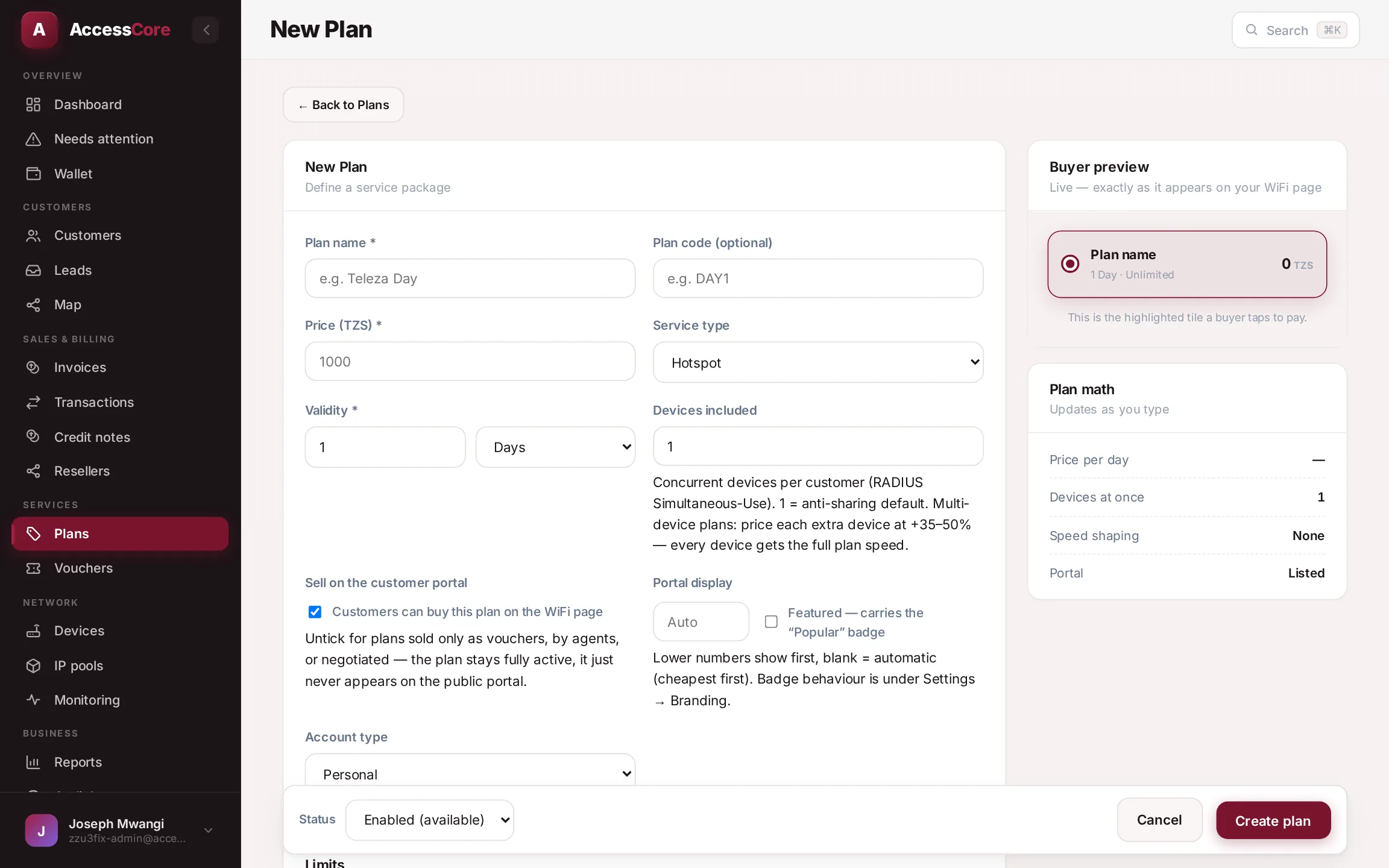 The New Plan editor — form on the left, live Buyer preview and Plan math in the right rail