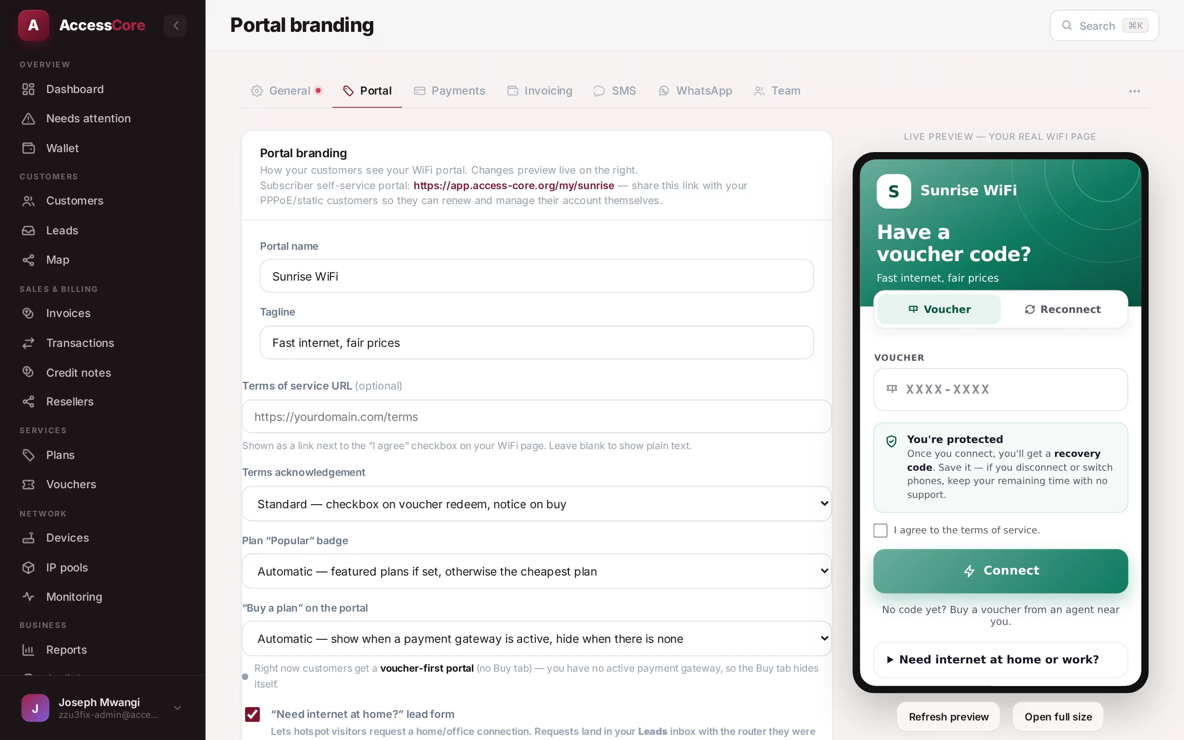 The Portal branding settings with live preview