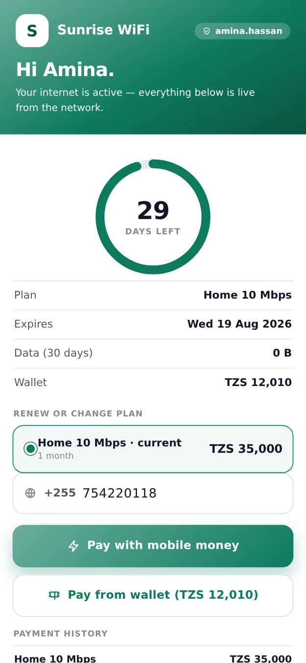 The subscriber account page with days left and renewal
