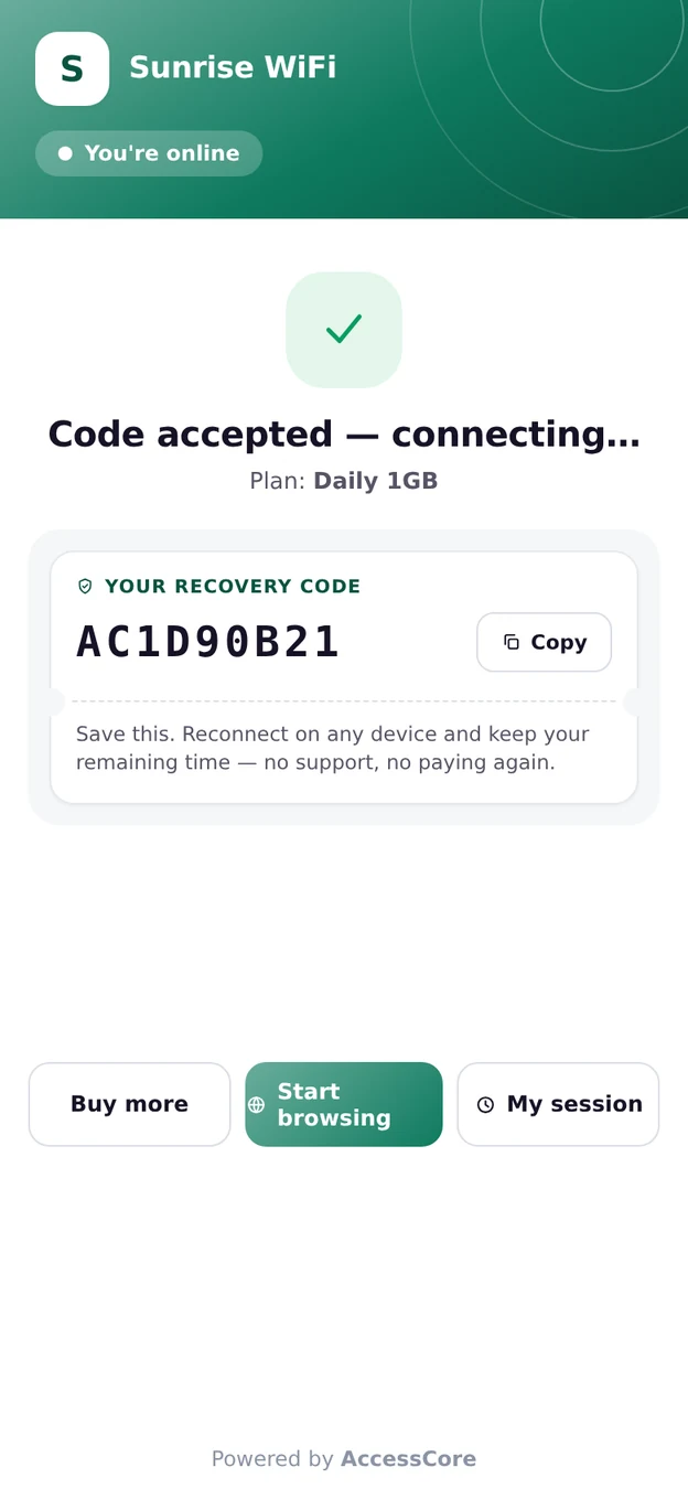 The portal after a successful voucher redemption