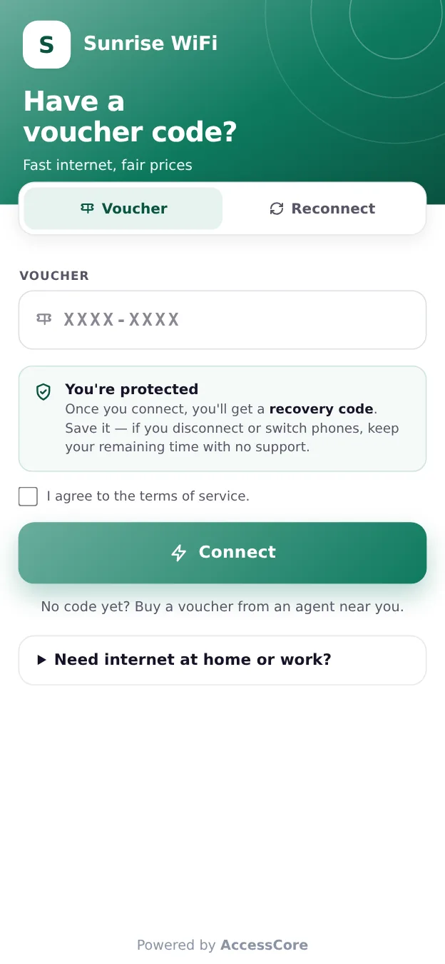 The branded WiFi page with Buy, Voucher and Reconnect tabs