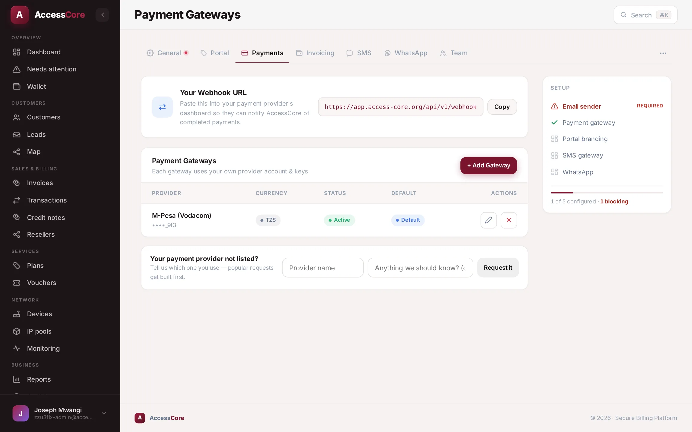 The Payments page showing the gateway Active and Default