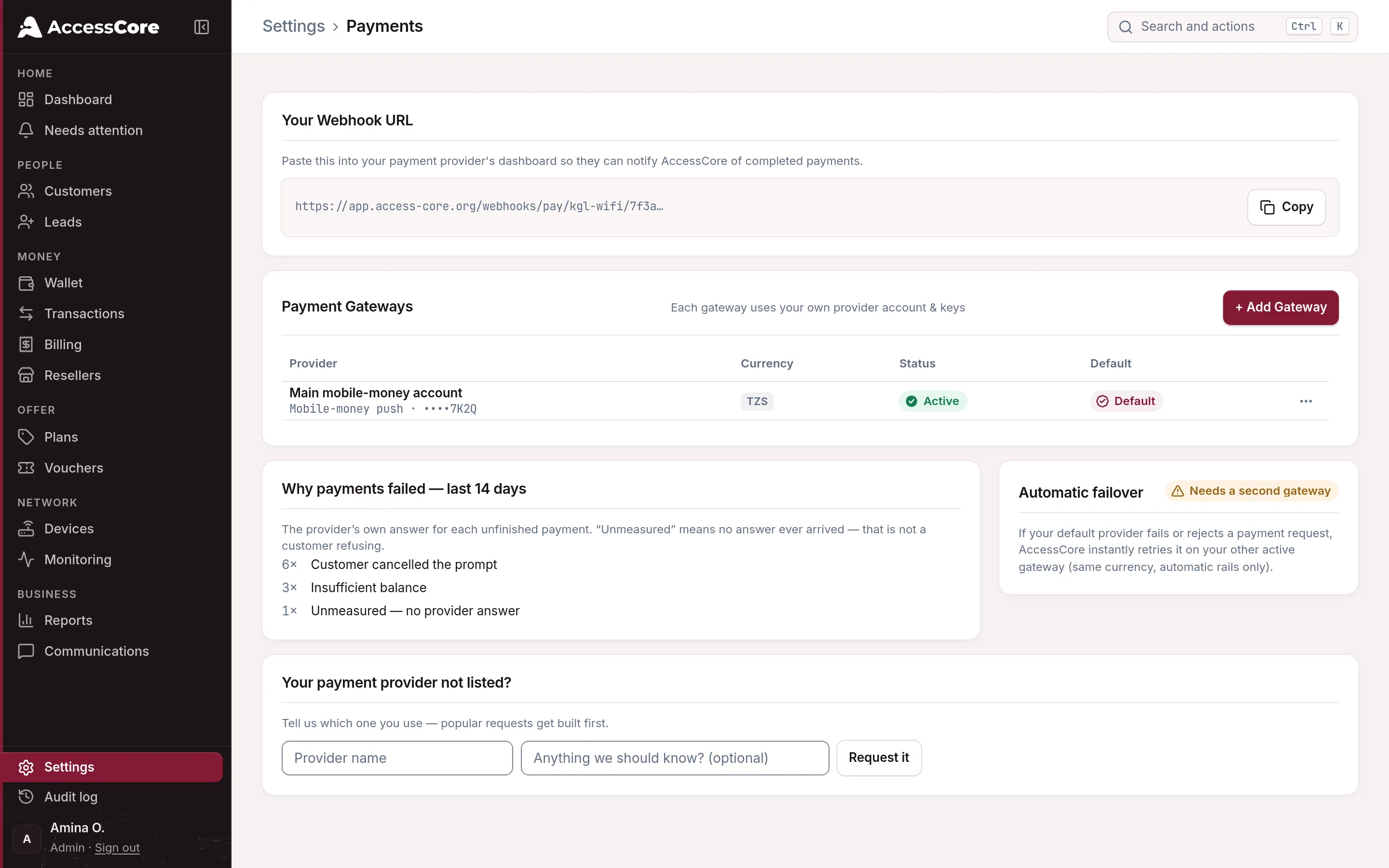 The Payments page showing the gateway Active and Default