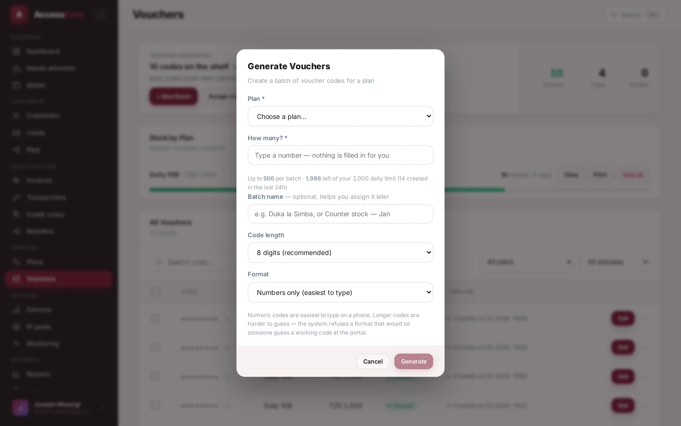 The Generate Vouchers dialog