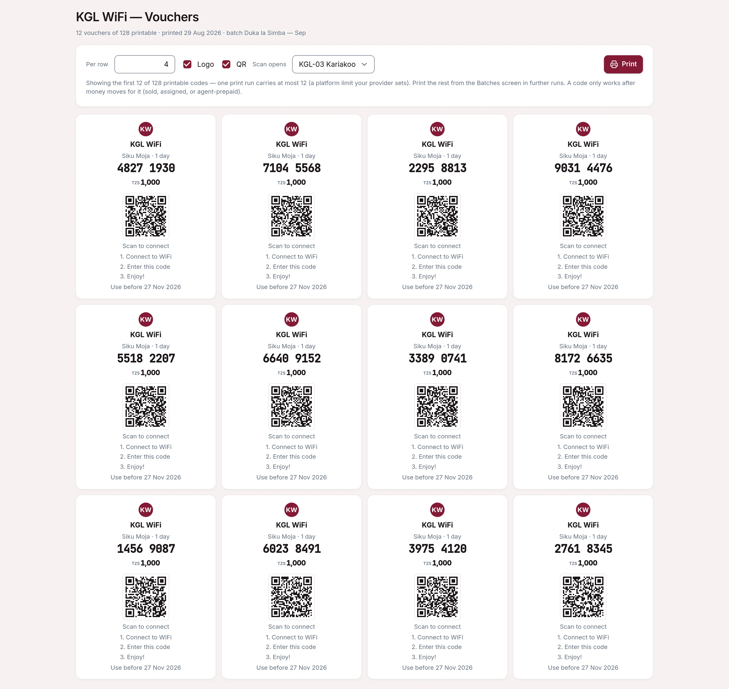 The print sheet with branded voucher cards