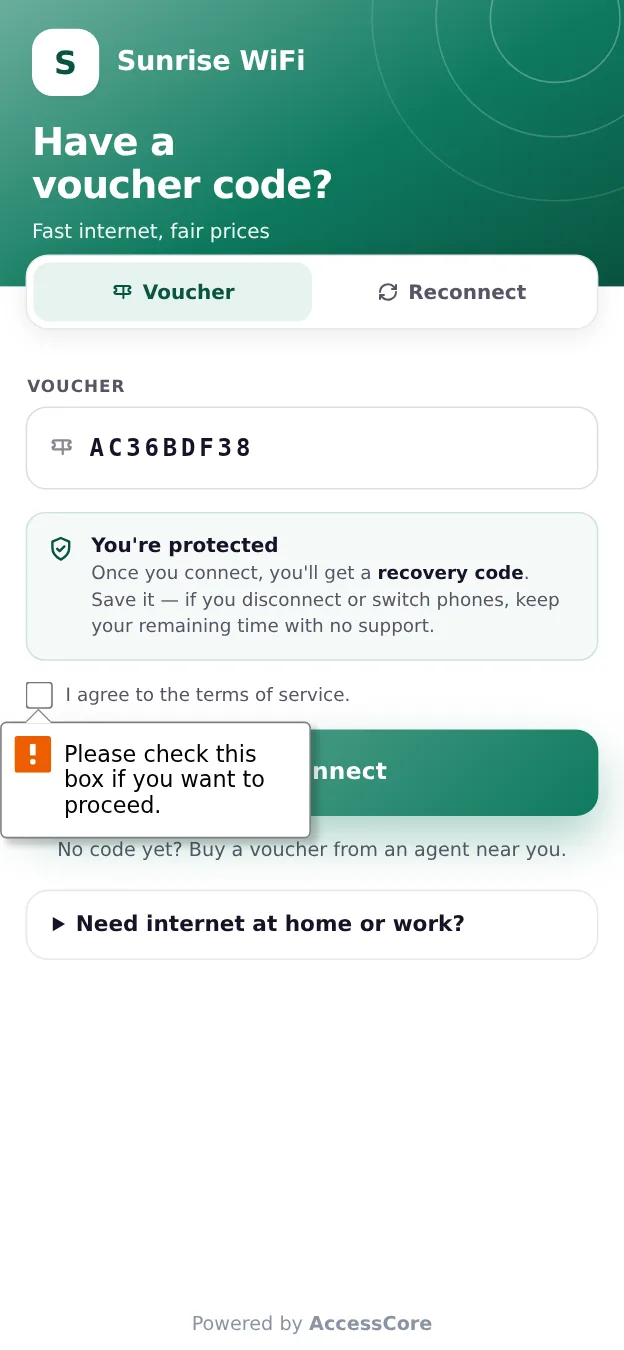 The portal showing a redeemed code and recovery code