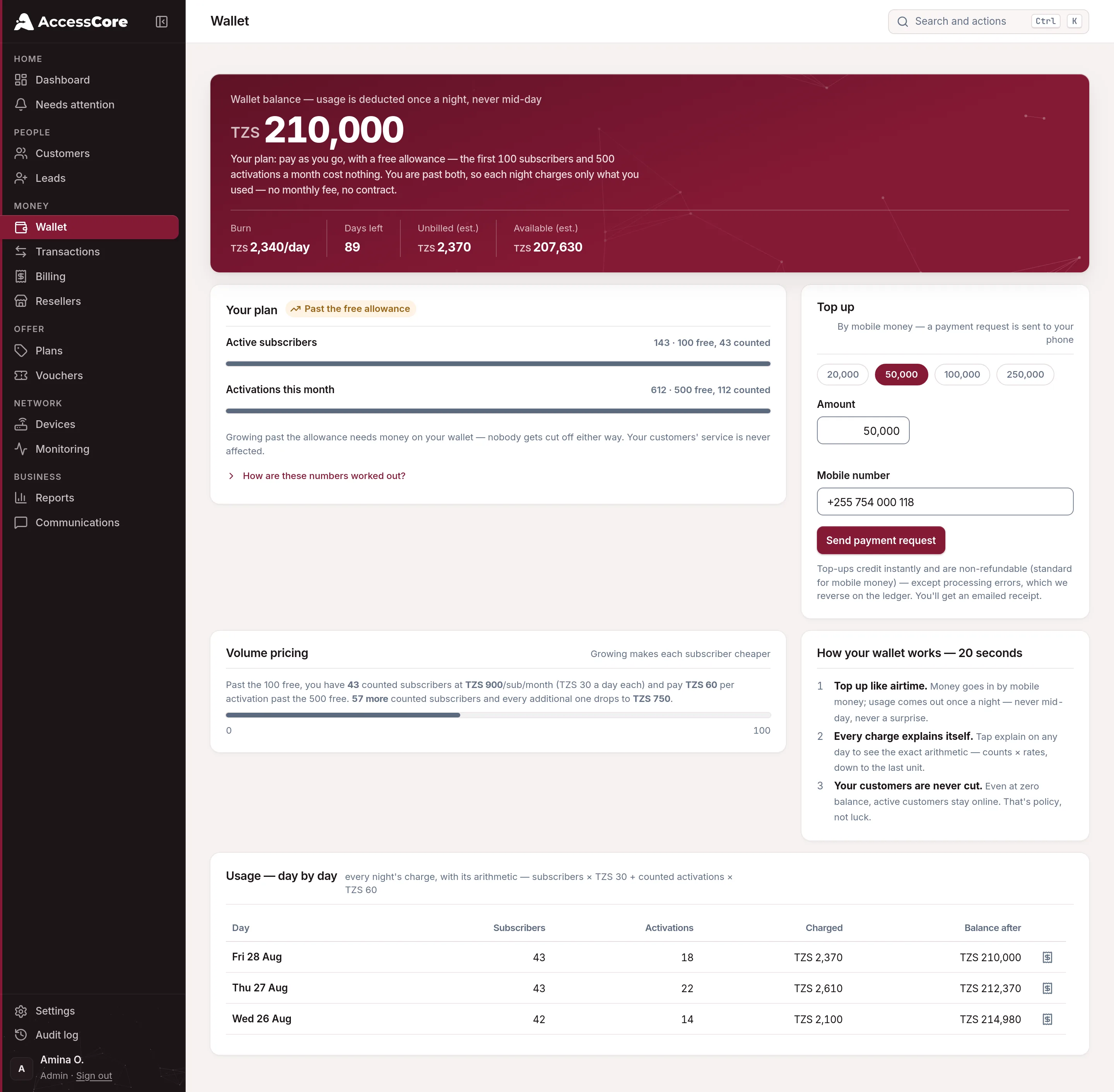 The Wallet page with balance, burn and usage